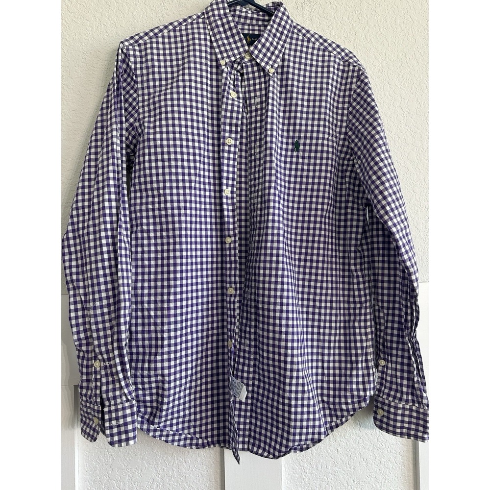 Ralph Lauren Polo Button Down Shirt Mens M Purple Gingham Plaid Green Horse
